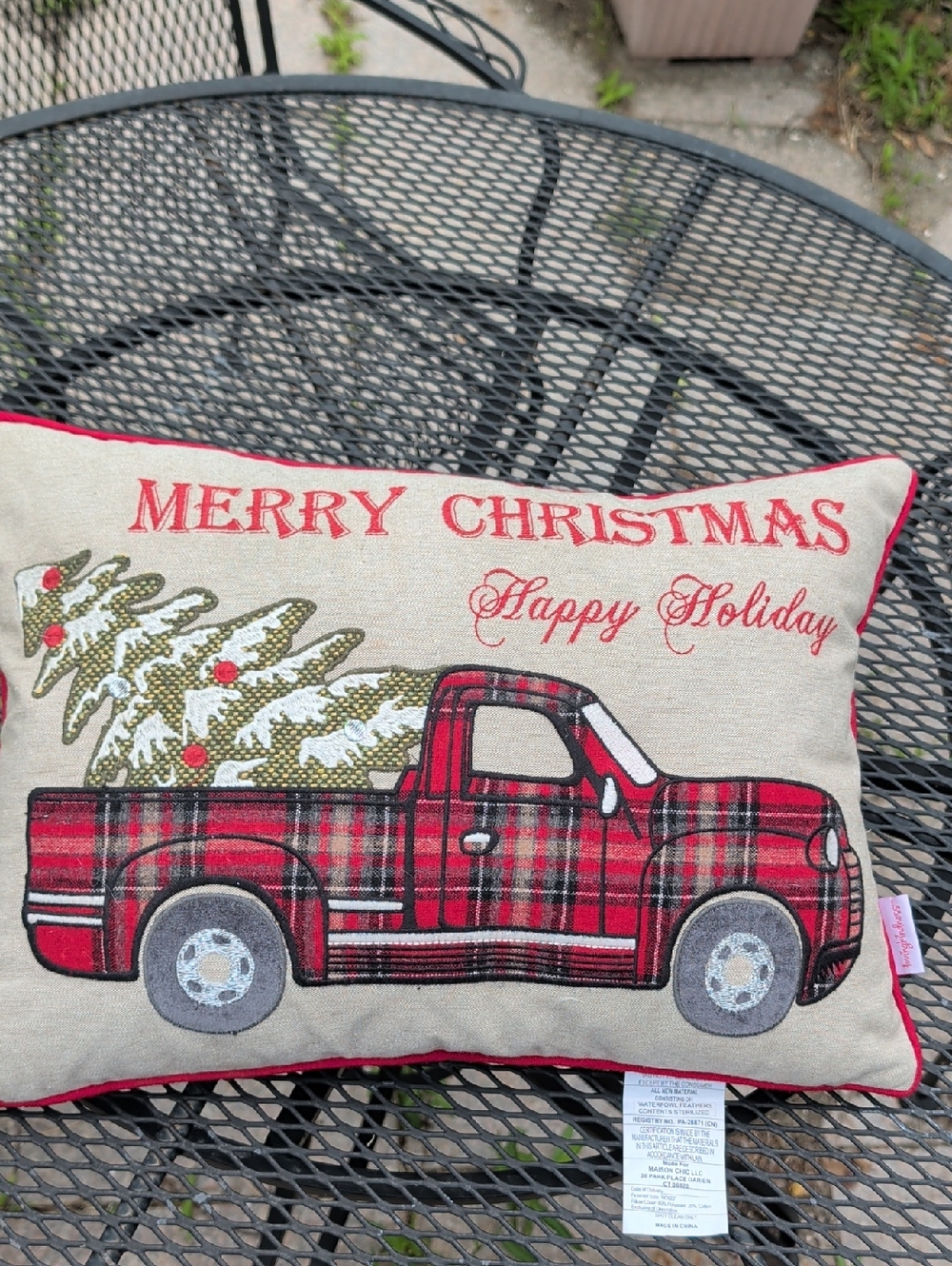 Red Plaid Truck W/ Christmas Tree Holiday Throw Pillow Merry Christmas Embossed